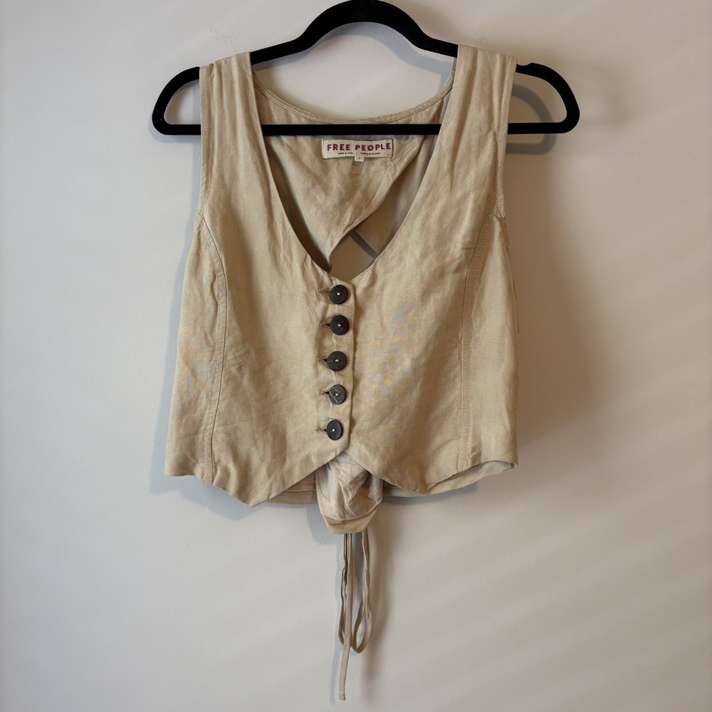 Free People Open Tie Back Vest Linen Blend S Western Boho Festival Indie Bustier